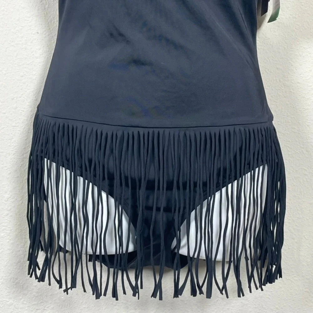 NWT‎ Coco Rave Fringe One Piece Swimsuit Women XL 38D Black Halter Tassel Boho